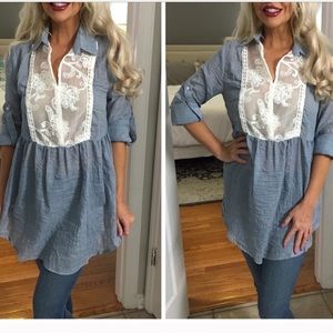 Denim color sheer lace detail long tunic
